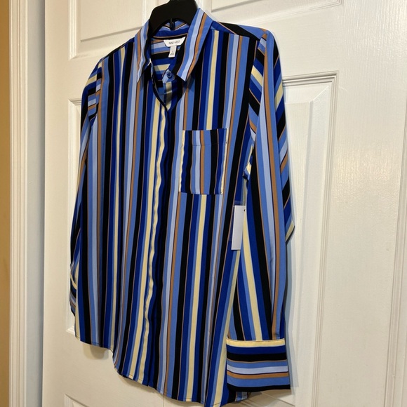NWT Nine West Top Sz L Large Blue Striped Multicolor Button Front Long Sleeve - Picture 5 of 11